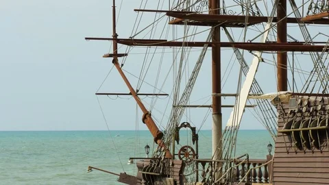 An artificial sailing ship at the beach of Black sea Stockbeeldmateriaal 80267293