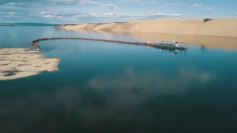 Artificial sand island. Dredging on a river. Drone view Stock Footage 101767197