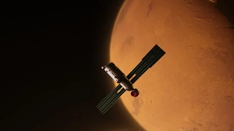 Artificial satellite in orbit planet Mars Video stock 242784273