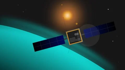 Artificial satellite spacecraft moving around planet and taking power Stock Footage 295587305