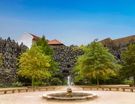 The artificial stalactite wall made of lime stucco in Wallenstein Garden Stock Photos