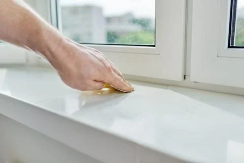 Artificial stone window sill, installation, technological process. Stock Photos