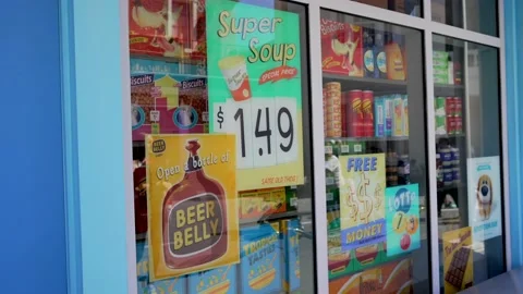 Artificial store front with artificial products Stock Footage 197012512