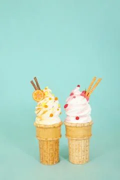 Artificial sweets made from polystyrene foam resembling ice cream cones with Stock Photos