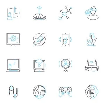 Artificial tech linear icons set. Intelligence, Automation, Robotics, Algorithm 스톡 일러스트