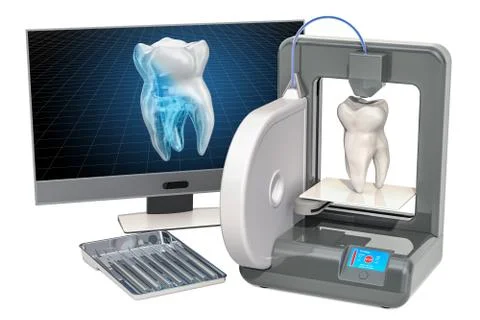 Artificial tooth on three dimensional printer, 3d printing in stomatology con Stock Illustration