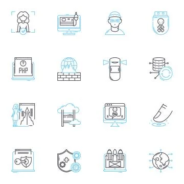 Artificial universe linear icons set. Simulation, Virtuality, Sci-fi, Digital 스톡 일러스트