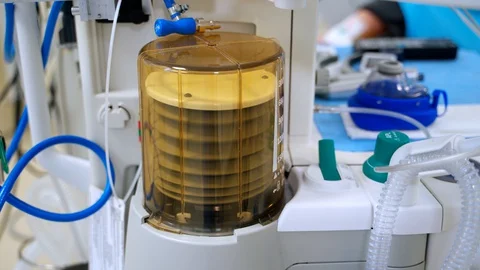 Artificial ventilation apparatus during surgery. Movement of lung motor.  Stock Footage 128596648