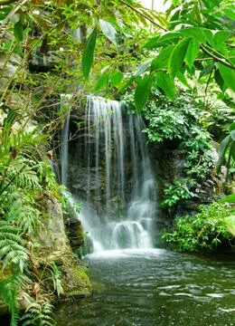 Artificial waterfall, cascading down into a pond, Queen Sirikit Botanic Garde Stock Photos