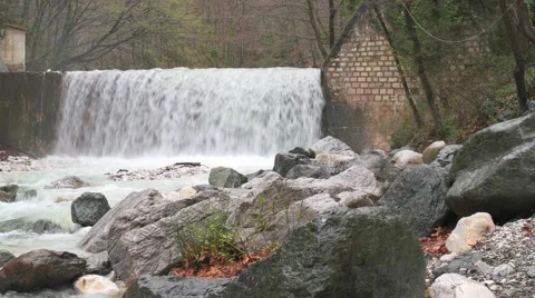 Artificial waterfall on the river  Termopotamos 스톡 동영상 61551969