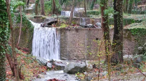 Artificial waterfall on the river  Termopotamos 스톡 동영상 61551988