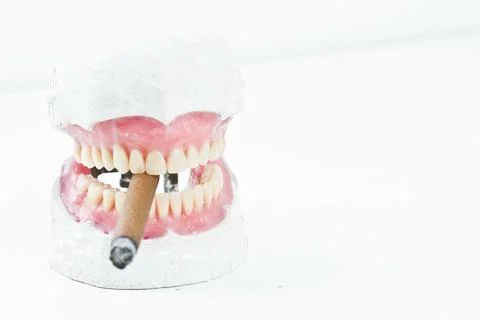 Artificial wax  denture with a   cigarette Stock Photos