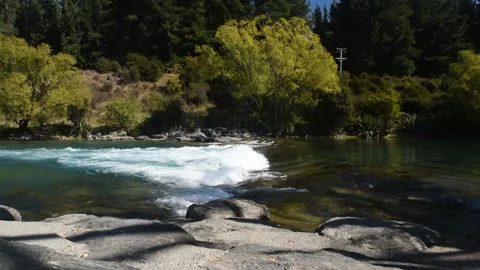Artificial weir on the Hawea River created for water sports, New Zealand. Stock Footage 205344018