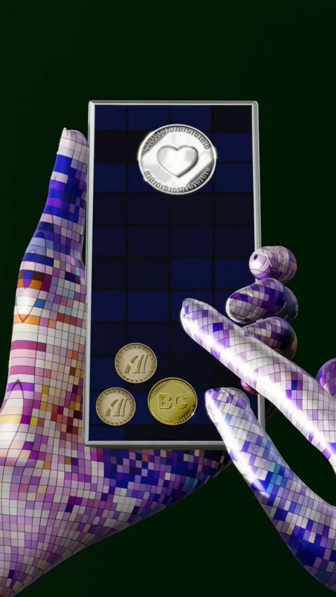 An artificially intelligent cyborg is playing with virtual currency on his phone Stock Footage 255145639