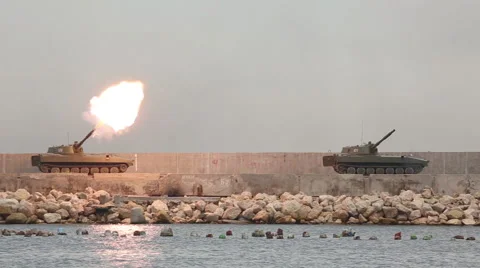 Artillery attack self-propelled guns Stock Footage 40400802