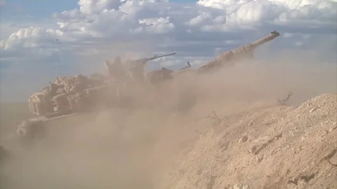 Artillery, M1A2 Abrams tanks, Bradley Fighting Vehicles, engineers, Fort Bliss Stock Footage 75649778
