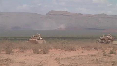 Artillery, M1A2 Abrams tanks, Bradley Fighting Vehicles, engineers, Fort Bliss Stock Footage 75649840