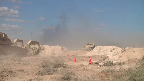 Artillery, M1A2 Abrams tanks, Bradley Fighting Vehicles, engineers, Fort Bliss Stock Footage 75649944
