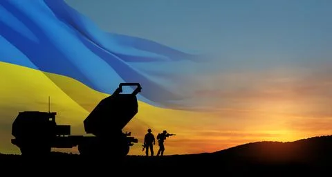 Artillery rocket system are aimed to the sky and soldiers at sunset with Stock Photos