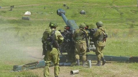The artillery unit fires a shot at the designated target Stock-Footage 82804602