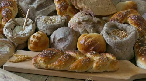 Artisan bakery: Assorted breads panning view. Stock Footage 67755320
