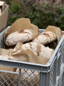 Artisan bread in a crate wrapped in brown paper, suitable for bakery backgrou Stock Photos