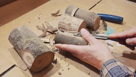 Artisan carefully removing bark with a chisel. Simple, soulful handmade process. Vídeo Stock 333149661