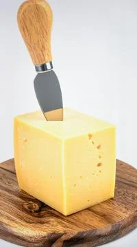 Artisan cheese block with knife on rustic wooden board isolated on white ba.. Stock Photos