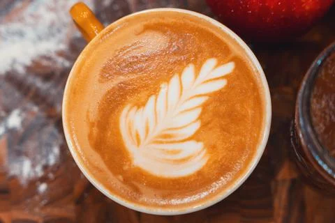 Artisan Coffee Latte with Leaf Foam Art — Overhead Close-Up Stock Photos