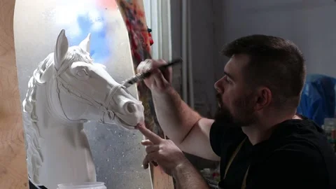 Artisan craftsman create mask based on plaster cast. Gypsum mold and plastic Stock Footage 204027626