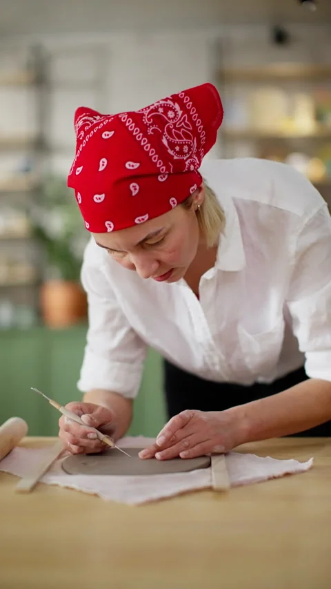 Artisan with focus and detail using sculpting tools to shape clay on pottery Stock Footage 271156753