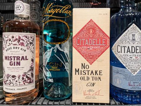 Artisan Gin Selection Displayed on Retail Shelf Stock Photos