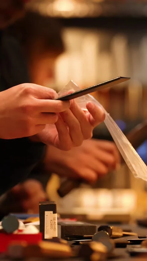 Artisan Japanese Chef Testing Sharpness of Handcrafted Knife Blade Stock Footage 344517123