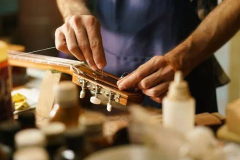 Artisan Lute Maker Fixing Stringed Instrument Replacing Guitar Cord Stock Photos