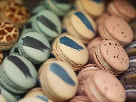 Artisan Macarons with Colorful Patterns for Elegant Desserts Stock Photos