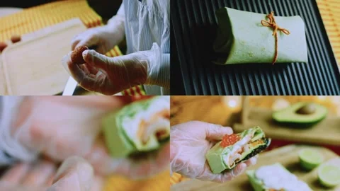 Artisan overhead composition of grilling and presentation in split screen Video stock 342141611