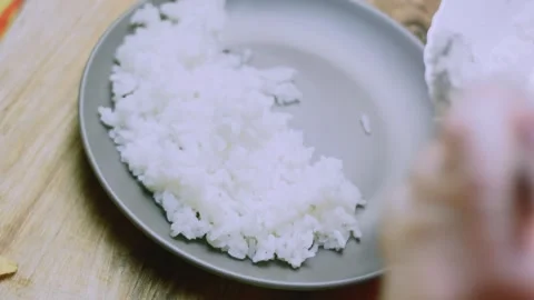 Artisan recipe study of overhead view of plated rice Stock Footage 342153490
