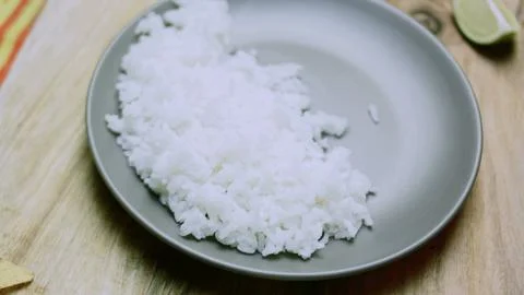 Artisan recipe study of overhead view of plated rice Stock Photos