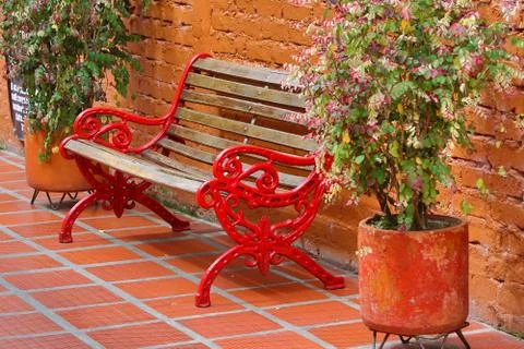 Artisan red bench Stock Photos