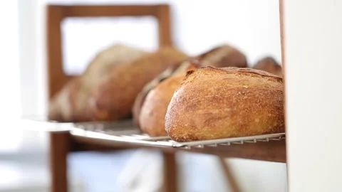 Artisanal Bread on a shelf in a bakery shop Stock Footage 167654062