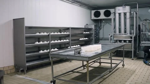 Artisanal cheese factory interior with aging shelves Stock Footage 344824904