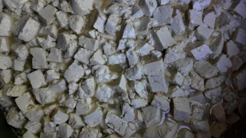 Artisanal Cheese Making Process from Above, Fresh Cubes in Whey Vídeo Stock 316898505