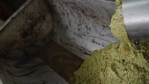 Artisanal Olive oil mill. Ground Olives Coming out of the Grinder  스톡 동영상 299678343