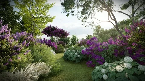 Artist 3d render hydrangea and lilac suny garden Stock Footage 231884871