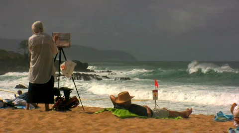Artist on the beach Stock Footage 142300