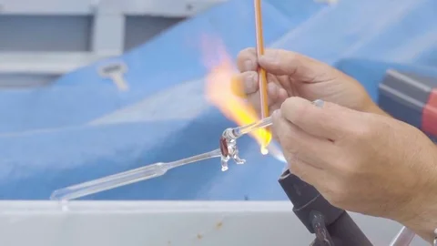 Artist in blowing glass activity. Blown glass by fire to create dog. Glass Bl Stock Footage