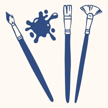 Artist Brushes with Paint Splatter, Flat and Fan Tips. Hand Drawn Doodle St.. Ilustração Stock