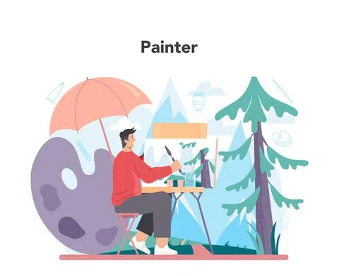 Artist concept. Professional illustrator in front of big easel or screen Stock Illustration