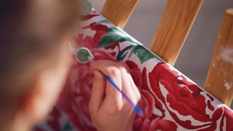 Artist Creates Textured Pattern, Painter Applies Colorful Strokes Carefully Stock-Footage 326953721