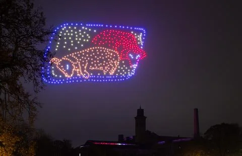 Artist David Hockey's most famous works recreated using drones, Bradford, United Stock Photos
